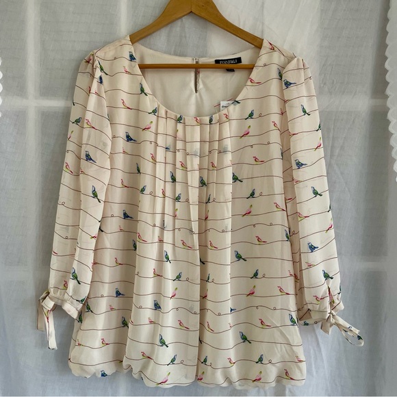 Roz & Ali Tops - Roz & Ali Cream Bird-Print Pleated Blouse